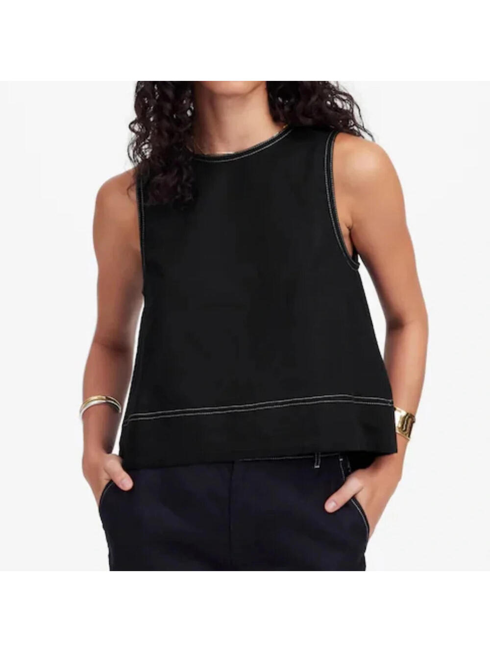 Madewell Black Linen Pleated Shell Top with Contrast Stitching Size Medium